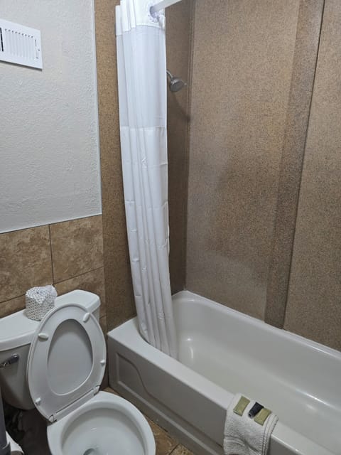 Combined shower/tub, hair dryer, towels