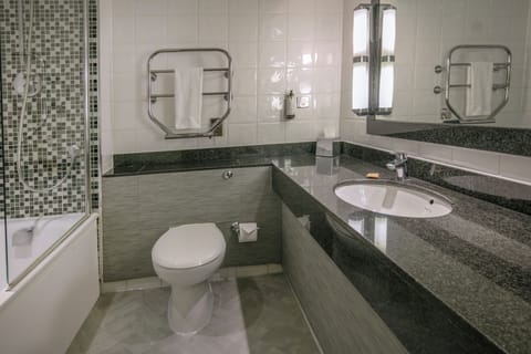 Combined shower/tub, free toiletries, hair dryer, towels