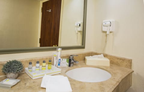 Shower, rainfall showerhead, eco-friendly toiletries, hair dryer