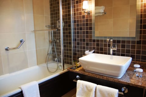 Combined shower/tub, free toiletries, hair dryer, towels