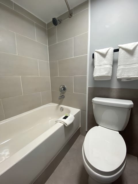 Bathtub, hair dryer, towels, soap