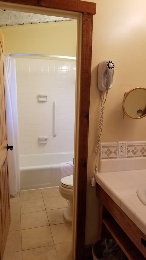 Combined shower/tub, free toiletries, hair dryer, towels