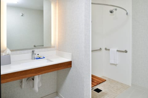 Standard Room, 1 King Bed, Accessible (Mobility, Roll-In Shower) | Bathroom | Shower, hair dryer, towels