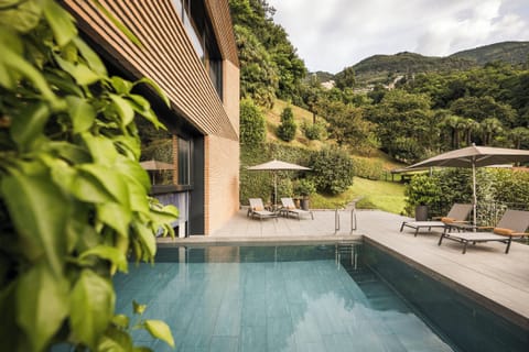 Indoor pool, pool umbrellas, sun loungers