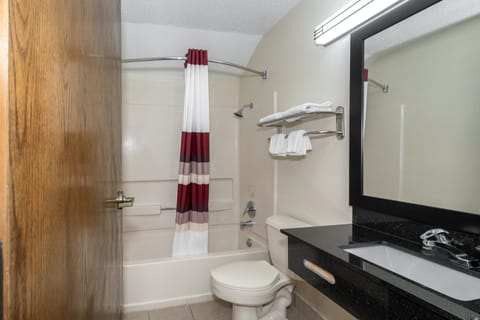 Combined shower/tub, free toiletries, hair dryer, towels