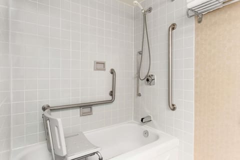 Combined shower/tub, free toiletries, hair dryer, towels