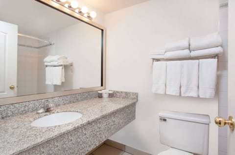 Combined shower/tub, free toiletries, hair dryer, towels