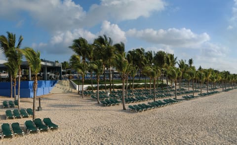 On the beach, white sand, sun loungers, beach towels