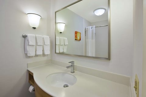 Combined shower/tub, free toiletries, hair dryer, towels