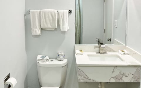 Combined shower/tub, free toiletries, towels