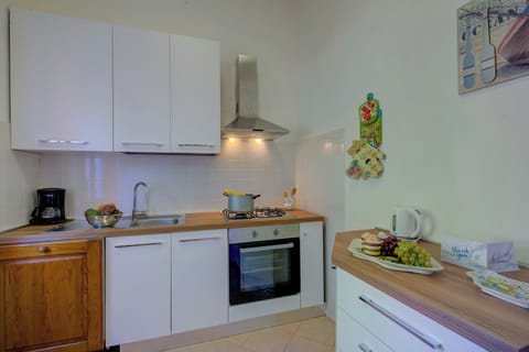 Full-size fridge, oven, stovetop, dishwasher