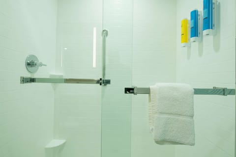 Hydromassage showerhead, hair dryer, towels