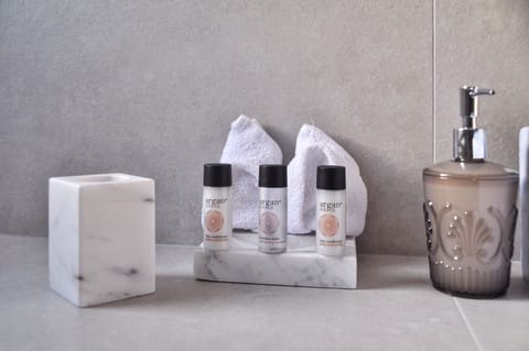 Eco-friendly toiletries, hair dryer, bathrobes, towels