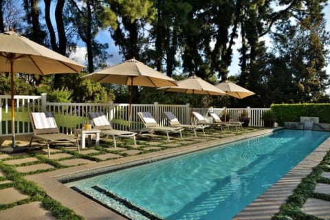 Outdoor pool, pool umbrellas, sun loungers