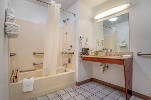 Combined shower/tub, free toiletries, hair dryer, towels