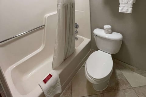 Combined shower/tub, free toiletries, hair dryer, towels