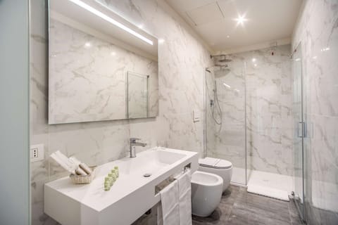 Combined shower/tub, free toiletries, hair dryer, bidet