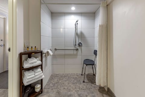 Combined shower/tub, eco-friendly toiletries, hair dryer, towels