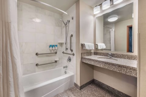 Combined shower/tub, free toiletries, hair dryer, towels