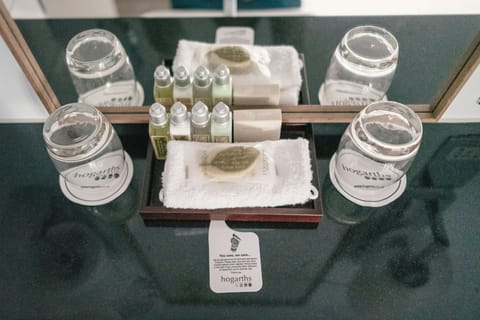 Free toiletries, hair dryer, heated floors, towels