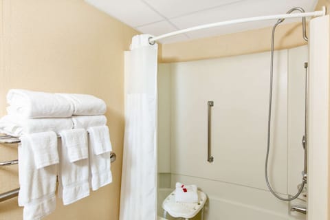 Combined shower/tub, free toiletries, hair dryer, towels