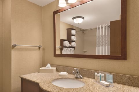 Combined shower/tub, deep soaking tub, free toiletries, hair dryer