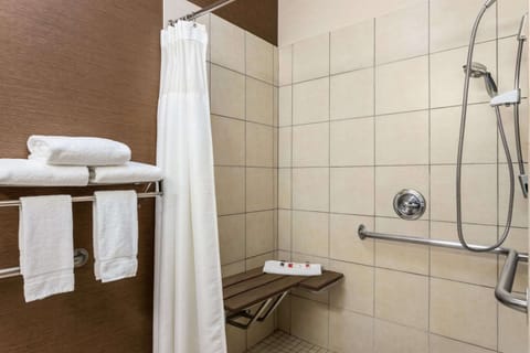 Combined shower/tub, free toiletries, hair dryer, towels