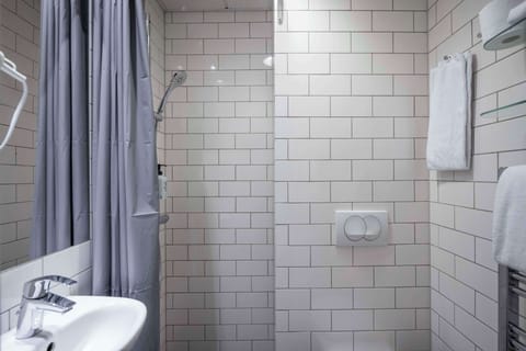 Shower, rainfall showerhead, hair dryer, towels