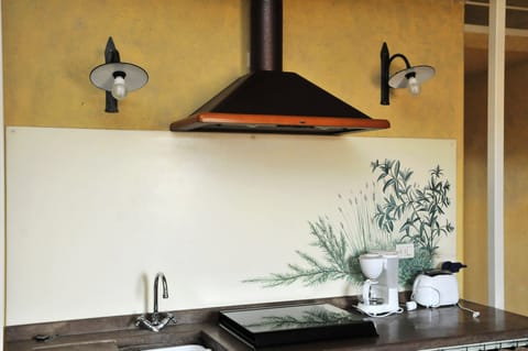 Fridge, stovetop, espresso maker, coffee/tea maker