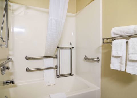 Combined shower/tub, free toiletries, hair dryer, towels