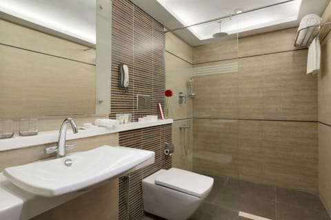 Combined shower/tub, rainfall showerhead, eco-friendly toiletries