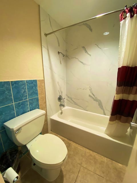 Combined shower/tub, free toiletries, towels