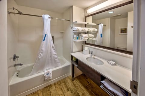 Combined shower/tub, free toiletries, hair dryer, towels