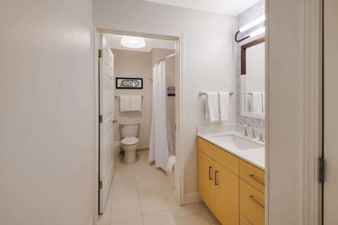 Combined shower/tub, free toiletries, hair dryer, towels