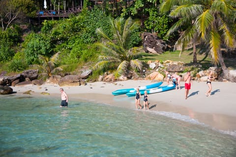 On the beach, scuba diving, snorkeling, kayaking