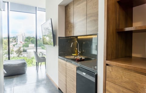 Suite estudio ejecutiva J | Private kitchen | Stovetop, dishwasher, cookware/dishes/utensils