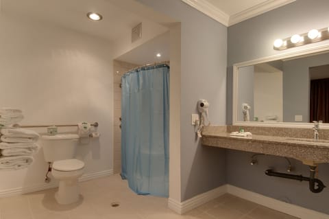 Combined shower/tub, hair dryer, towels