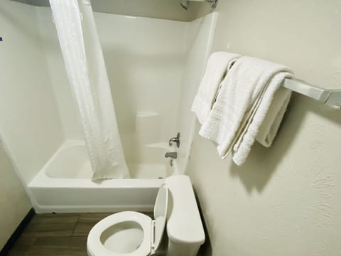 Combined shower/tub, free toiletries, towels