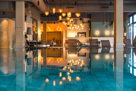 Indoor pool, outdoor pool, sun loungers