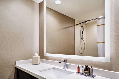 Designer toiletries, hair dryer, towels