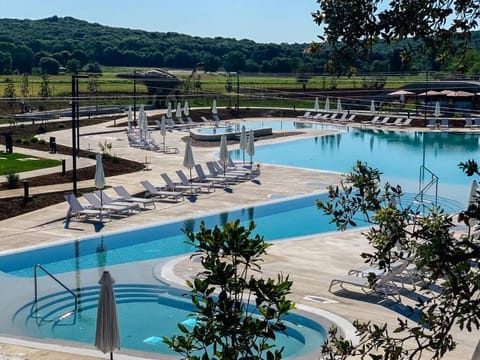 Seasonal outdoor pool, pool umbrellas, sun loungers