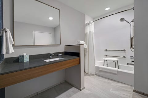 Separate tub and shower, hair dryer, towels