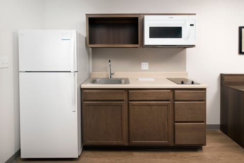 Full-size fridge, microwave, stovetop