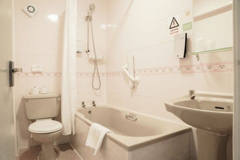 Hair dryer, towels, soap, shampoo