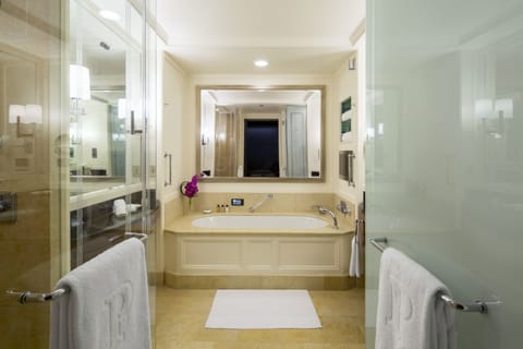 Separate tub and shower, designer toiletries, hair dryer, bathrobes