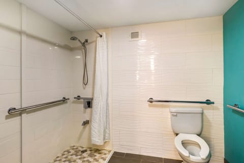 Combined shower/tub, free toiletries, hair dryer, towels