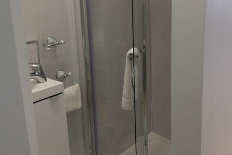 Shower, hair dryer, towels, shampoo