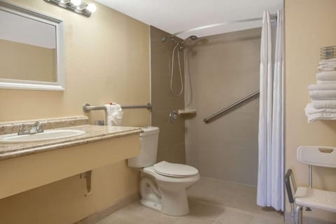 Combined shower/tub, free toiletries, hair dryer, towels