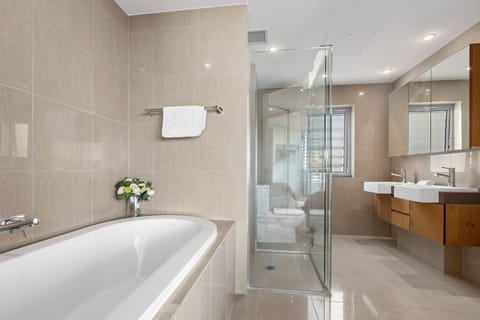 Separate tub and shower, deep soaking tub, hair dryer, towels