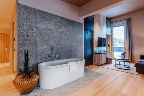 Suite (Alpenstern) | Bathroom | Shower, hair dryer, bathrobes, towels